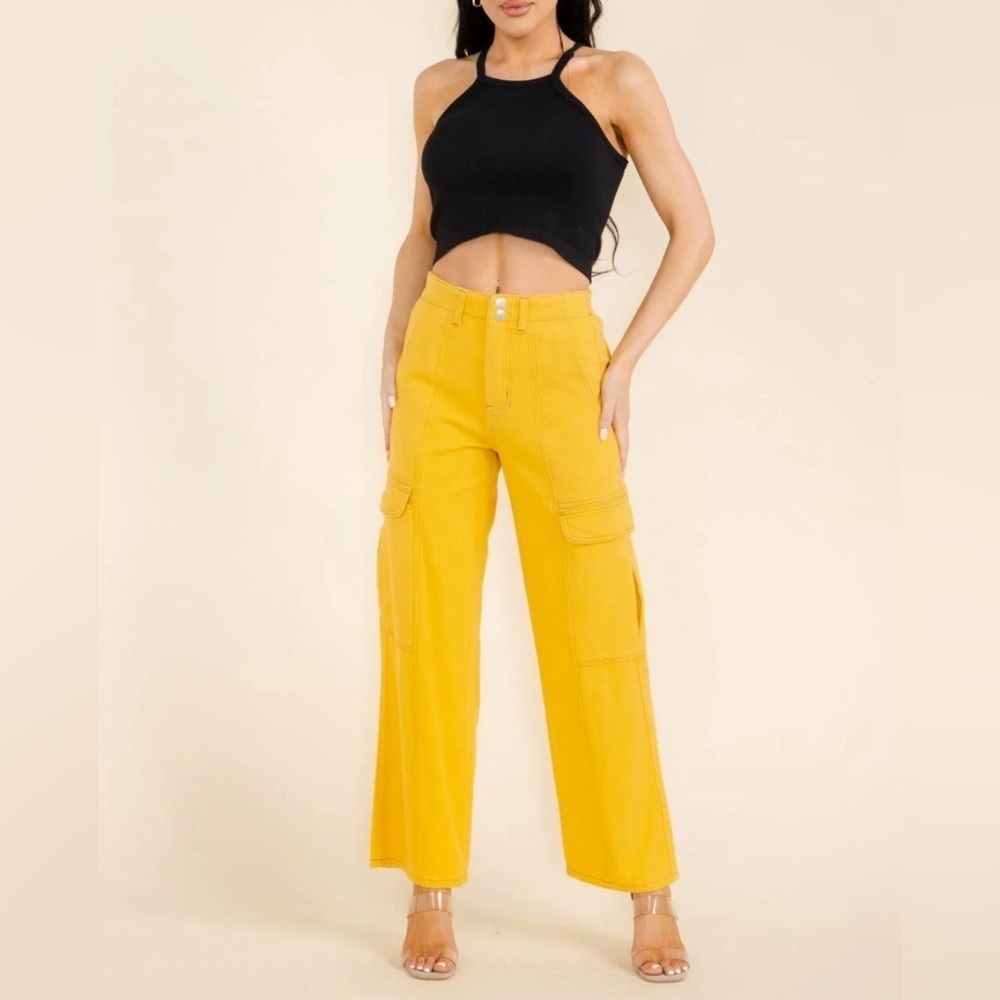 Yellow Wide-Leg Cargo Pants